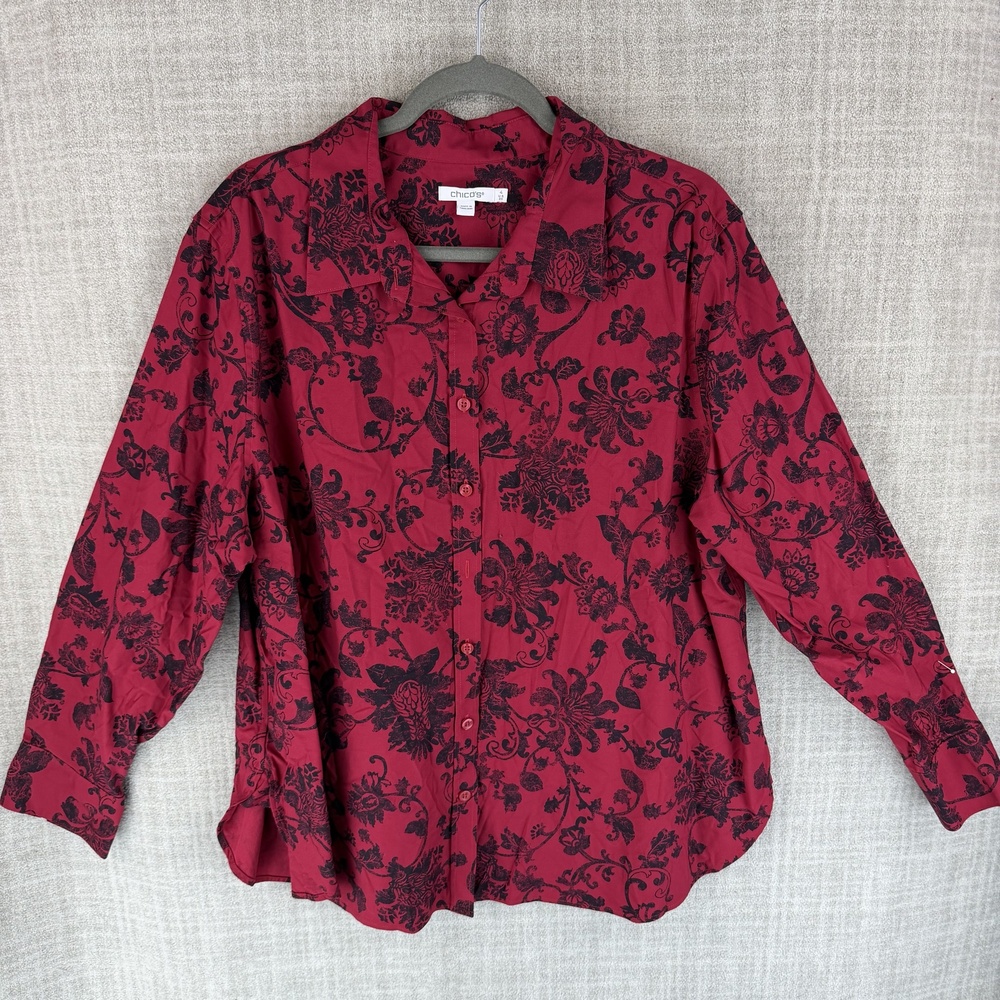 Chico's Blouse Womens 4 Red Tunic Hawaiian Floral Collared Long Sleeve Stretch